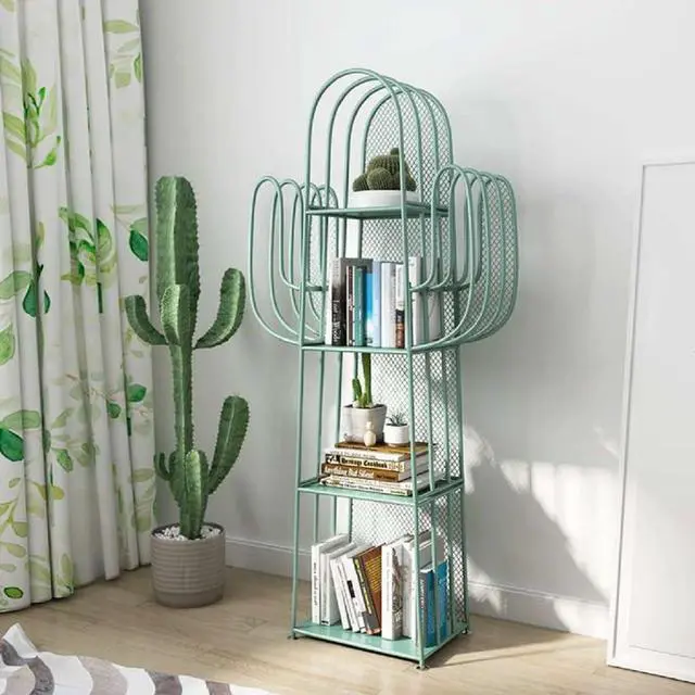 Main image of 4 Tier Bookshelf, Green Cactus Bookcase Freestanding Bookshelves Metal Storage Organizer Corner Display Rack Cabinet for Bedroom Living Room Office