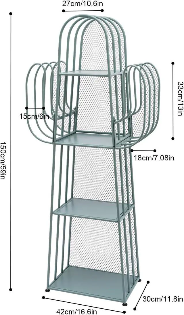 Alt view image 2 of 7 - 4 Tier Bookshelf, Green Cactus Bookcase Freestanding Bookshelves Metal Storage Organizer Corner Display Rack Cabinet for Bedroom Living Room Office
