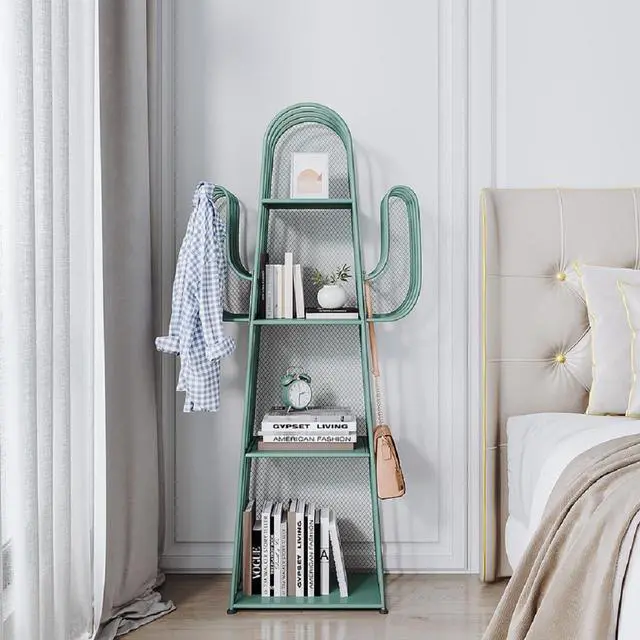Alt view image 3 of 7 - 4 Tier Bookshelf, Green Cactus Bookcase Freestanding Bookshelves Metal Storage Organizer Corner Display Rack Cabinet for Bedroom Living Room Office