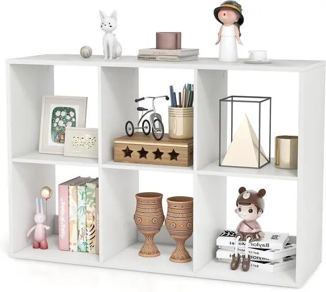 Main image of 6 Cube Book Shelf, Modern Storage Bookcase with 6 Open Compartments, Open Back and Bottom Back Panels, Heavy Duty Storage Bookshelf for Living Room, Study, Office and Hallway, White