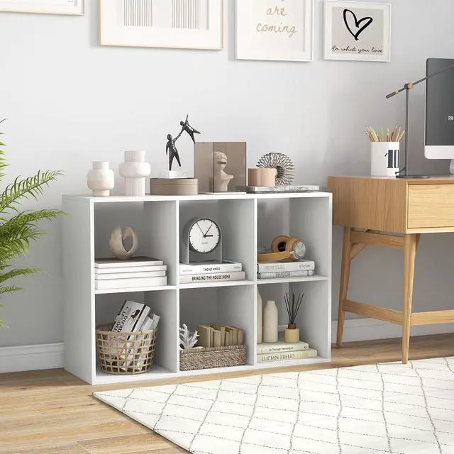 Alt view image 2 of 7 - 6 Cube Book Shelf, Modern Storage Bookcase with 6 Open Compartments, Open Back and Bottom Back Panels, Heavy Duty Storage Bookshelf for Living Room, Study, Office and Hallway, White
