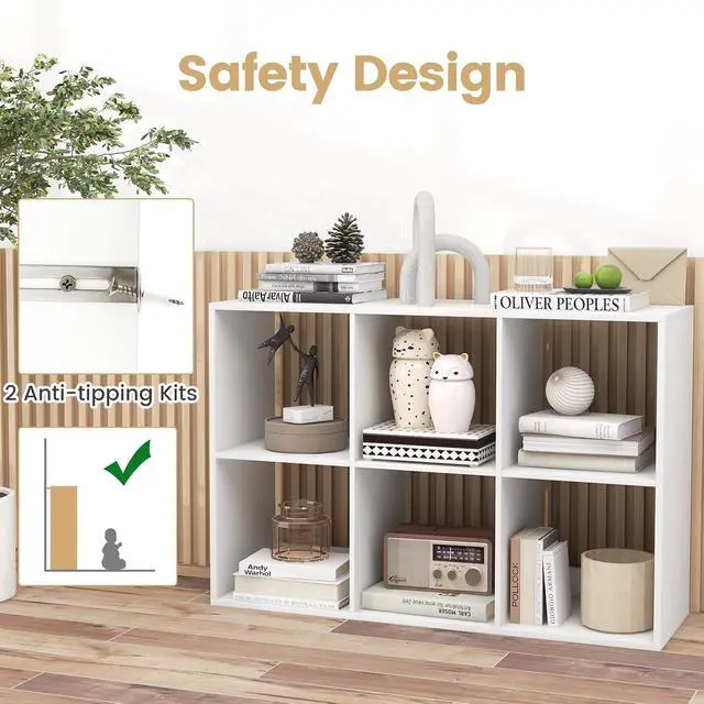 Alt view image 5 of 7 - 6 Cube Book Shelf, Modern Storage Bookcase with 6 Open Compartments, Open Back and Bottom Back Panels, Heavy Duty Storage Bookshelf for Living Room, Study, Office and Hallway, White