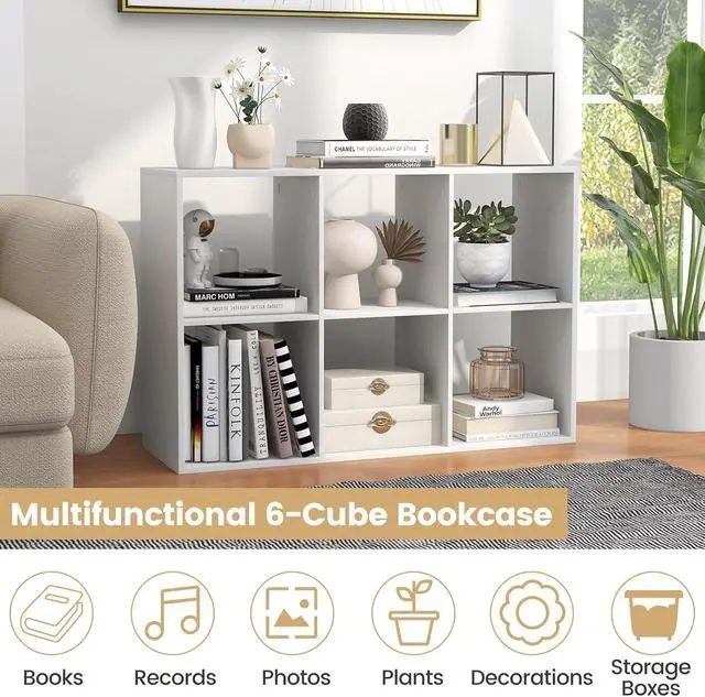 Alt view image 4 of 7 - 6 Cube Book Shelf, Modern Storage Bookcase with 6 Open Compartments, Open Back and Bottom Back Panels, Heavy Duty Storage Bookshelf for Living Room, Study, Office and Hallway, White
