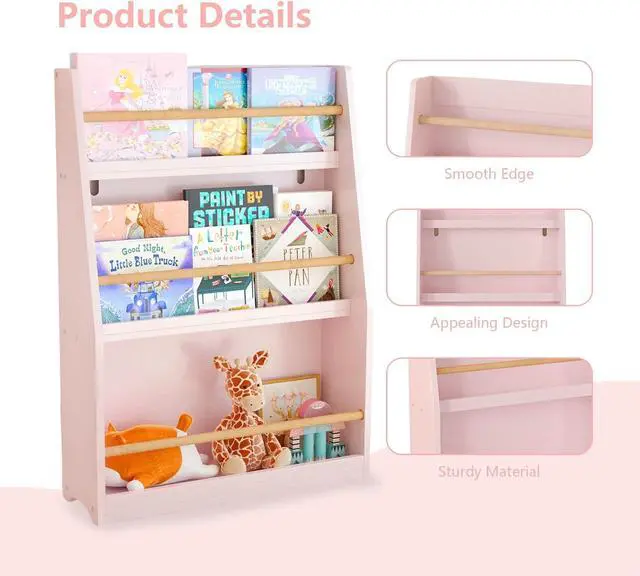 Alt view image 3 of 7 - 3 Tier Kids Bookshelf and Toy Storage Organizer, Wooden Book Rack for Toddlers Infants Baby Young Children, Kids Toy Storage Shelf Display for Bedroom Playroom Nursery Kid Room, Pink