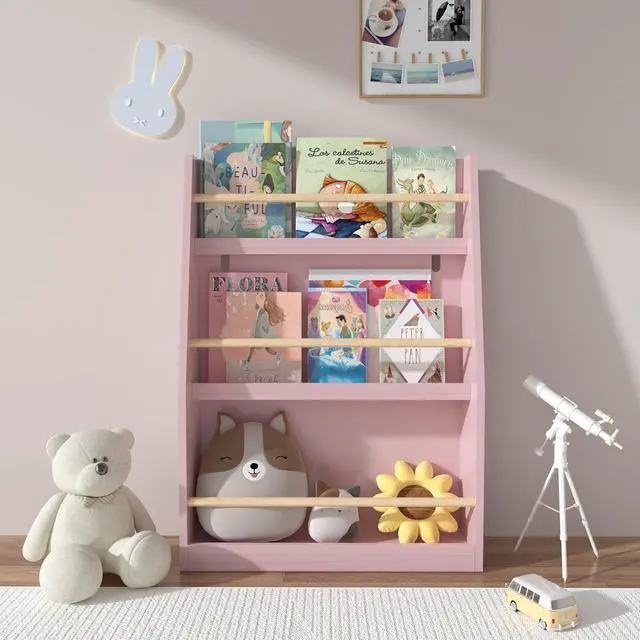Alt view image 4 of 7 - 3 Tier Kids Bookshelf and Toy Storage Organizer, Wooden Book Rack for Toddlers Infants Baby Young Children, Kids Toy Storage Shelf Display for Bedroom Playroom Nursery Kid Room, Pink