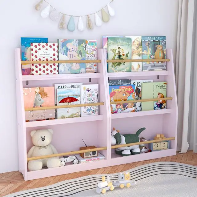 Alt view image 5 of 7 - 3 Tier Kids Bookshelf and Toy Storage Organizer, Wooden Book Rack for Toddlers Infants Baby Young Children, Kids Toy Storage Shelf Display for Bedroom Playroom Nursery Kid Room, Pink