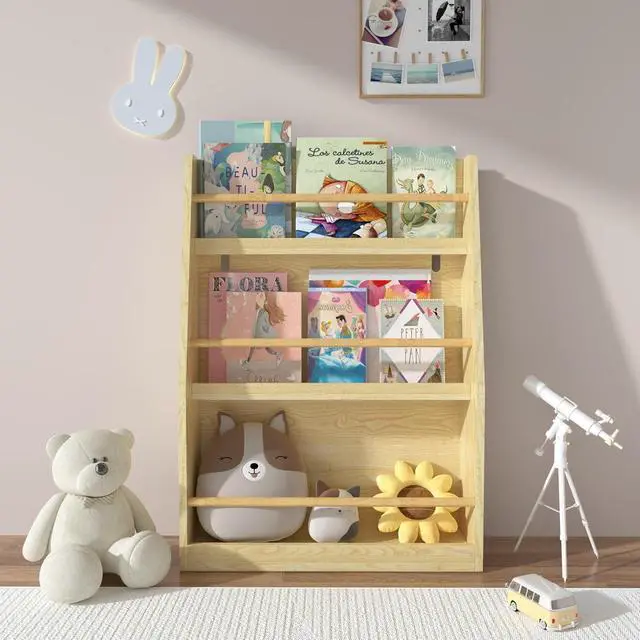 Alt view image 4 of 7 - 3 Tier Kids Bookshelf and Toy Storage Organizer, Wooden Book Rack for Toddlers Infants Baby Young Children, Kids Toy Storage Shelf Display for Bedroom Playroom Nursery Kid Room, Natural