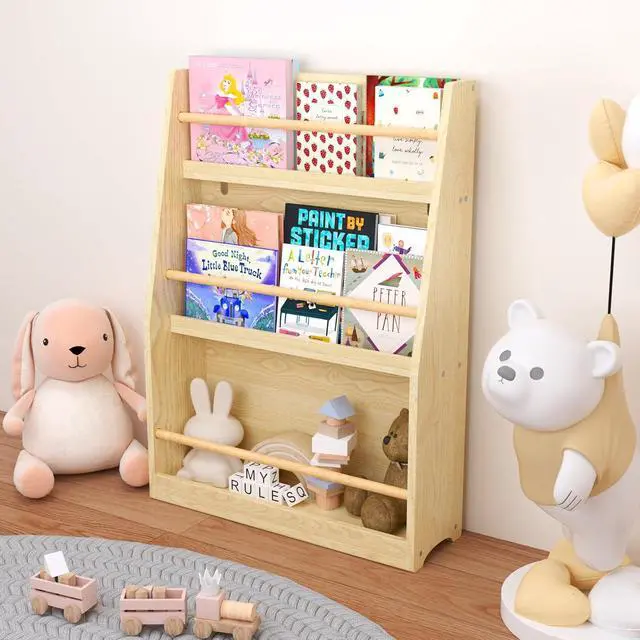 Alt view image 5 of 7 - 3 Tier Kids Bookshelf and Toy Storage Organizer, Wooden Book Rack for Toddlers Infants Baby Young Children, Kids Toy Storage Shelf Display for Bedroom Playroom Nursery Kid Room, Natural
