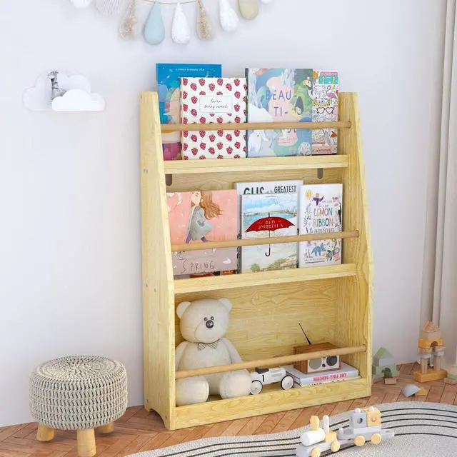 Alt view image 6 of 7 - 3 Tier Kids Bookshelf and Toy Storage Organizer, Wooden Book Rack for Toddlers Infants Baby Young Children, Kids Toy Storage Shelf Display for Bedroom Playroom Nursery Kid Room, Natural