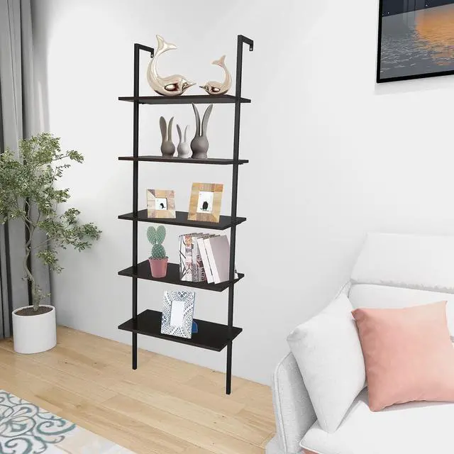 Main image of 5 Tier Industrial Wall Mounted Bookshelf,Modern Ladder Bookcase Storage Organizer,Open Display Storage Rack,Plant Flower Shelves Stand,with Metal Frame,for Living Room Kitchen Balcony (Dark Walnut)