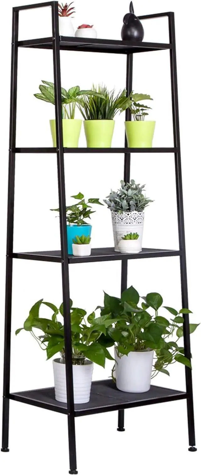 Main image of 4 Tier Industrial Metal Bookshelf,Modern Ladder Bookcase Storage Organizer,Open Display Storage Rack,Plant Flower Shelves Stand,with Metal Frame,for Home Living Room Kitchen Balcony (Black)