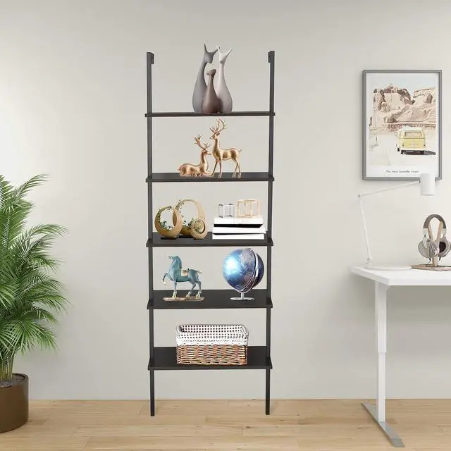 Alt view image 7 of 7 - 5 Tier Industrial Wall Mounted Bookshelf,Modern Ladder Bookcase Storage Organizer,Open Display Storage Rack,Plant Flower Shelves Stand,with Metal Frame,for Living Room Kitchen Balcony (Dark Walnut)