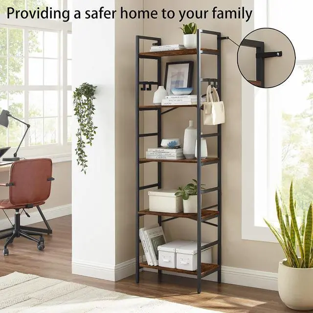 Alt view image 4 of 7 - 5 Tier Narrow Bookshelf, Bookcase Shelf Storage Organizer, Free Standing Storage Shelving, Modern Bookcase Open Shelves Display Rack for Home, Office, Living Room, Bedroom, Vintage