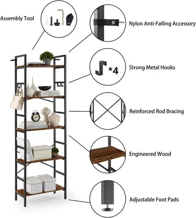 Alt view image 5 of 7 - 5 Tier Narrow Bookshelf, Bookcase Shelf Storage Organizer, Free Standing Storage Shelving, Modern Bookcase Open Shelves Display Rack for Home, Office, Living Room, Bedroom, Vintage