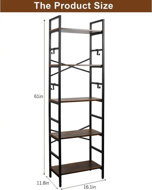 Alt view image 3 of 7 - 5 Tier Narrow Bookshelf, Bookcase Shelf Storage Organizer, Free Standing Storage Shelving, Modern Bookcase Open Shelves Display Rack for Home, Office, Living Room, Bedroom, Vintage