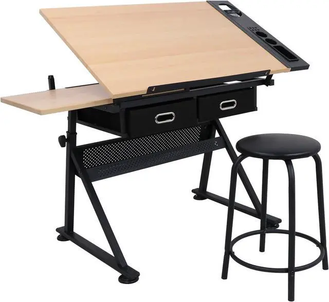 Main image of Drafting Table with Stool, Height Adjustable Tilting Tabletop Art Desk with Storage Drawer, Artist Sketching Work Station for Drawing, Writing, Home Office
