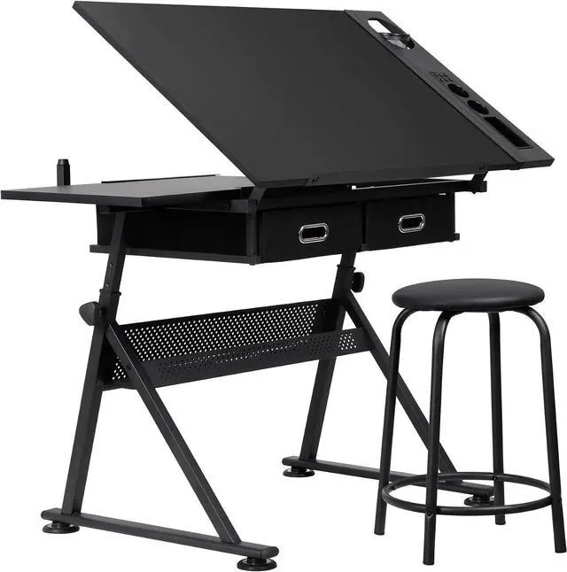 Main image of Drafting Table Art Desk, Height Adjustable Drawing Table Tilting Tabletop Work Station with Stool and Storage Drawer for Home, Office, Writing, Black