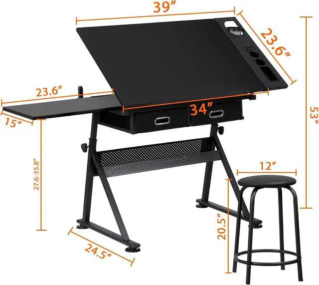 Alt view image 3 of 7 - Drafting Table Art Desk, Height Adjustable Drawing Table Tilting Tabletop Work Station with Stool and Storage Drawer for Home, Office, Writing, Black
