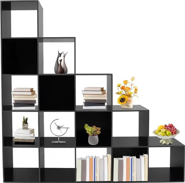 Main image of 5-Tier Stepped Bookshelf Freestanding 15 Cubes Ladder Bookcase L Shaped Ladder Corner Open Bookshelf for Home & Office (Black, 15 Cubes)