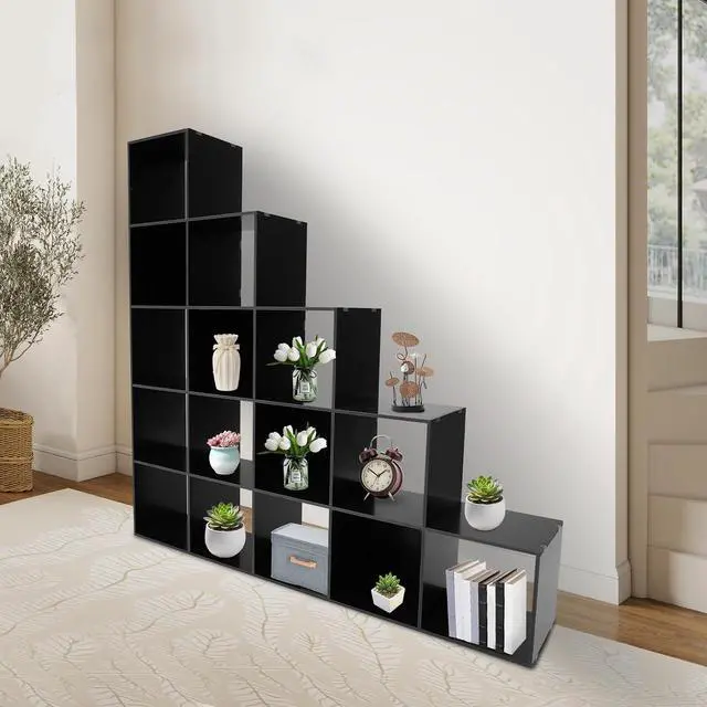 Alt view image 2 of 7 - 5-Tier Stepped Bookshelf Freestanding 15 Cubes Ladder Bookcase L Shaped Ladder Corner Open Bookshelf for Home & Office (Black, 15 Cubes)