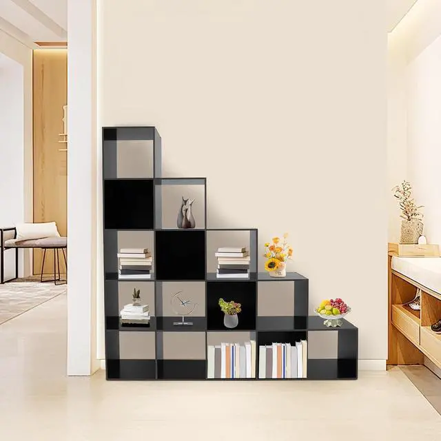 Alt view image 4 of 7 - 5-Tier Stepped Bookshelf Freestanding 15 Cubes Ladder Bookcase L Shaped Ladder Corner Open Bookshelf for Home & Office (Black, 15 Cubes)
