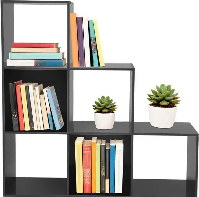 Main image of 3-Tier Stepped Bookshelf Freestanding 6 Cubes Ladder Bookcase L Shaped Ladder Corner Open Bookshelf for Home & Office (Black, 6 Cubes)