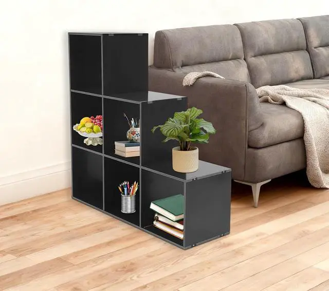Alt view image 2 of 7 - 3-Tier Stepped Bookshelf Freestanding 6 Cubes Ladder Bookcase L Shaped Ladder Corner Open Bookshelf for Home & Office (Black, 6 Cubes)