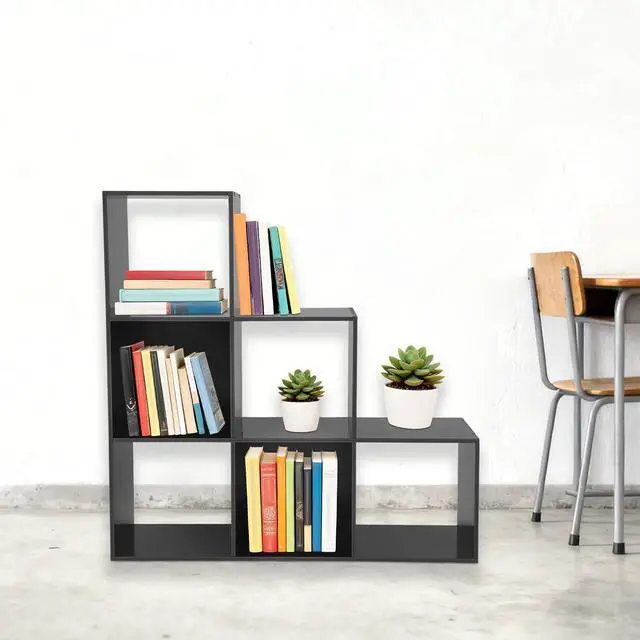 Alt view image 4 of 7 - 3-Tier Stepped Bookshelf Freestanding 6 Cubes Ladder Bookcase L Shaped Ladder Corner Open Bookshelf for Home & Office (Black, 6 Cubes)