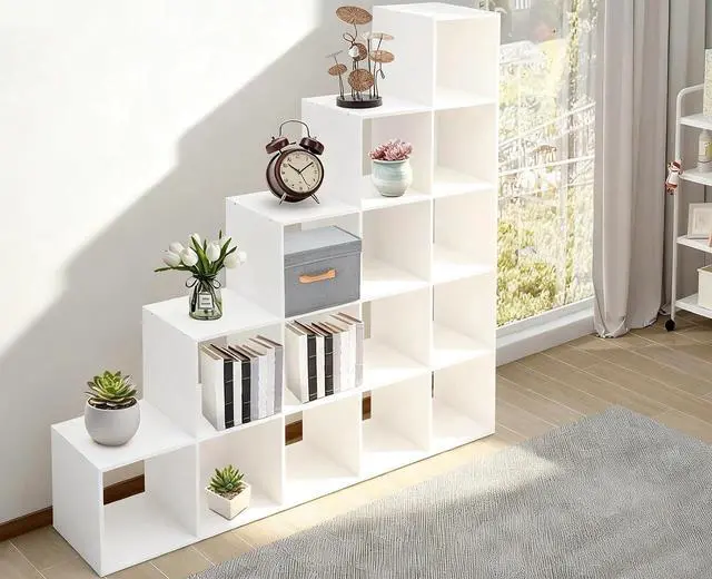 Main image of 5-Tier Stepped Bookshelf Freestanding 15 Cubes Ladder Bookcase L Shaped Ladder Corner Open Bookshelf for Home & Office (White, 15 Cubes)