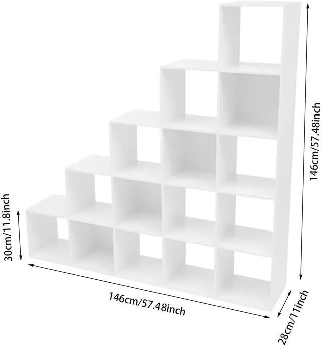 Alt view image 2 of 7 - 5-Tier Stepped Bookshelf Freestanding 15 Cubes Ladder Bookcase L Shaped Ladder Corner Open Bookshelf for Home & Office (White, 15 Cubes)