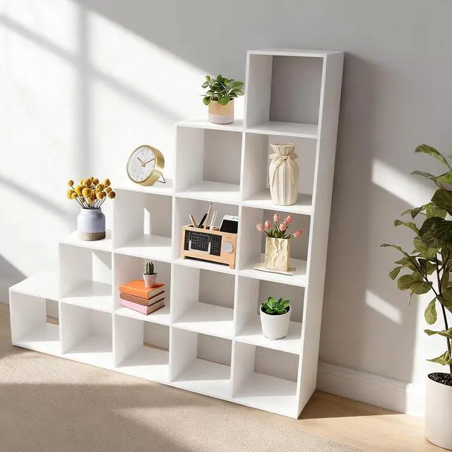Alt view image 3 of 7 - 5-Tier Stepped Bookshelf Freestanding 15 Cubes Ladder Bookcase L Shaped Ladder Corner Open Bookshelf for Home & Office (White, 15 Cubes)