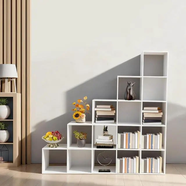 Alt view image 5 of 7 - 5-Tier Stepped Bookshelf Freestanding 15 Cubes Ladder Bookcase L Shaped Ladder Corner Open Bookshelf for Home & Office (White, 15 Cubes)