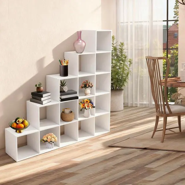 Alt view image 4 of 7 - 5-Tier Stepped Bookshelf Freestanding 15 Cubes Ladder Bookcase L Shaped Ladder Corner Open Bookshelf for Home & Office (White, 15 Cubes)