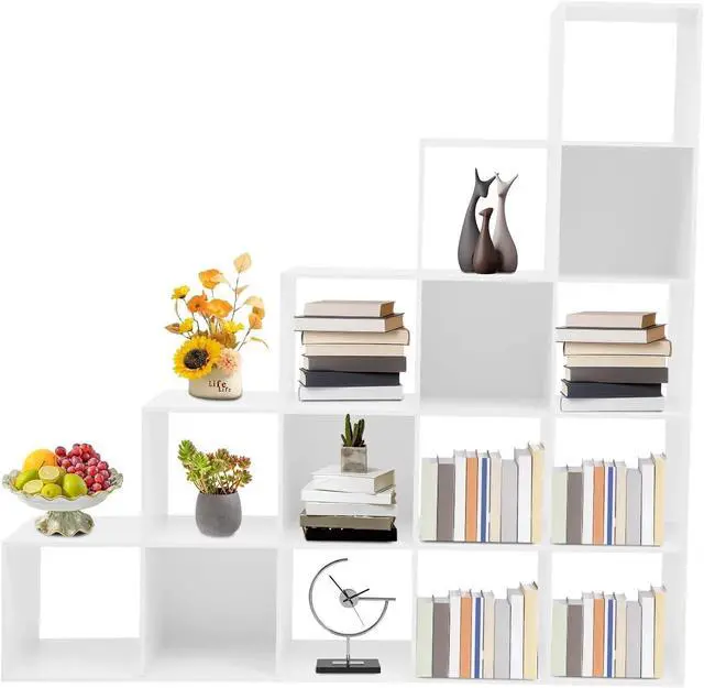 Alt view image 6 of 7 - 5-Tier Stepped Bookshelf Freestanding 15 Cubes Ladder Bookcase L Shaped Ladder Corner Open Bookshelf for Home & Office (White, 15 Cubes)