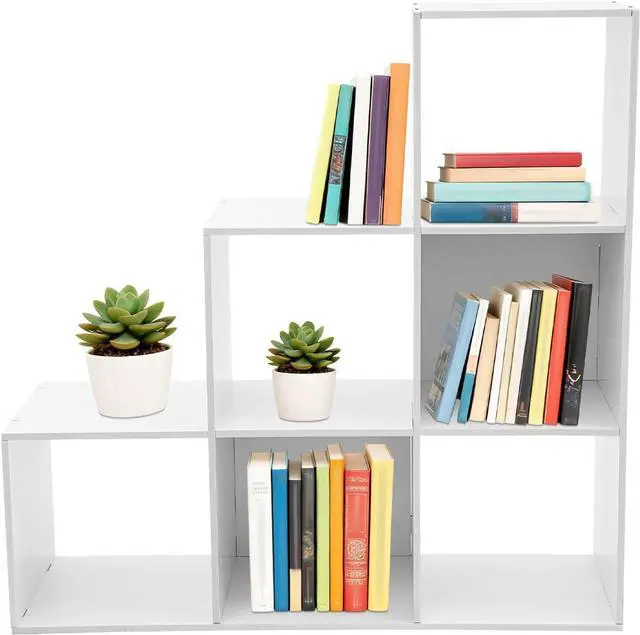 Main image of 3-Tier Stepped Bookshelf Freestanding 6 Cubes Ladder Bookcase L Shaped Ladder Corner Open Bookshelf for Home & Office (White, 6 Cubes)