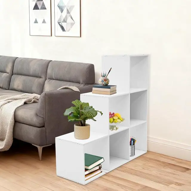 Alt view image 2 of 7 - 3-Tier Stepped Bookshelf Freestanding 6 Cubes Ladder Bookcase L Shaped Ladder Corner Open Bookshelf for Home & Office (White, 6 Cubes)