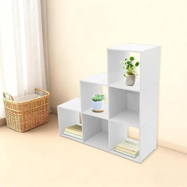 Alt view image 5 of 7 - 3-Tier Stepped Bookshelf Freestanding 6 Cubes Ladder Bookcase L Shaped Ladder Corner Open Bookshelf for Home & Office (White, 6 Cubes)