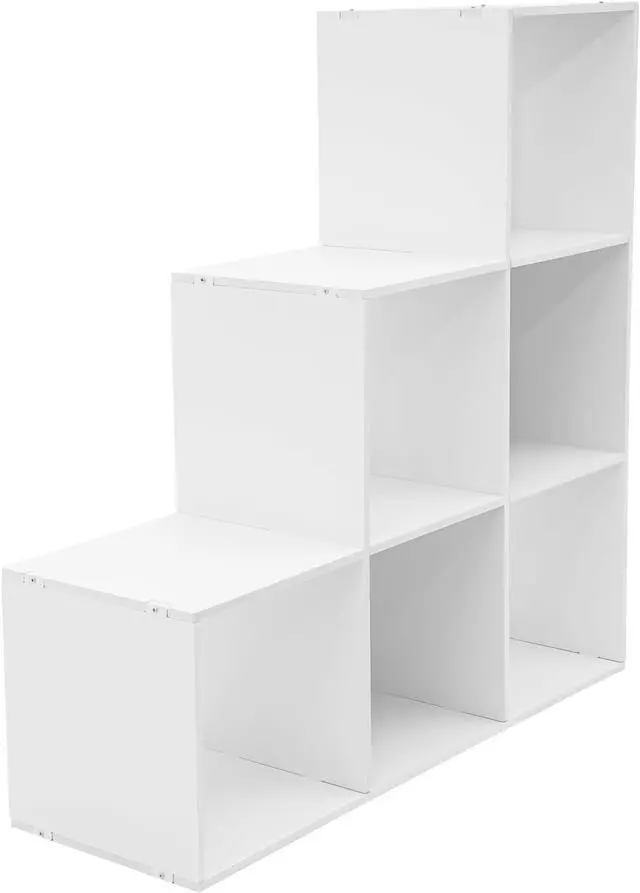 Alt view image 6 of 7 - 3-Tier Stepped Bookshelf Freestanding 6 Cubes Ladder Bookcase L Shaped Ladder Corner Open Bookshelf for Home & Office (White, 6 Cubes)