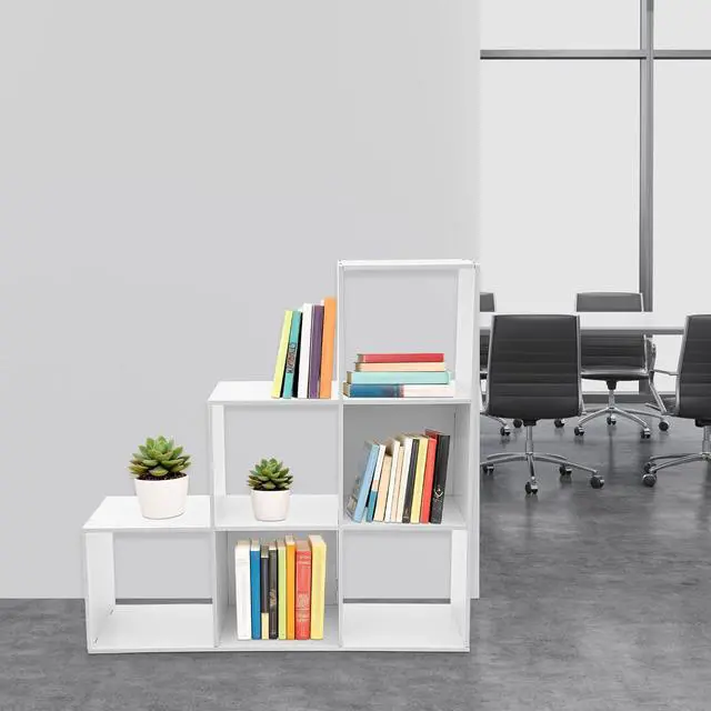 Alt view image 4 of 7 - 3-Tier Stepped Bookshelf Freestanding 6 Cubes Ladder Bookcase L Shaped Ladder Corner Open Bookshelf for Home & Office (White, 6 Cubes)