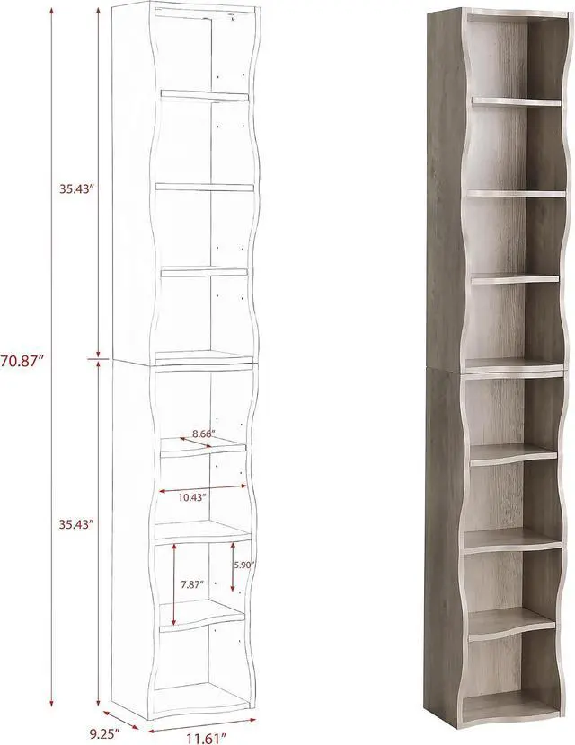 Alt view image 2 of 7 - Bookshelf 8-Tier Bookcase Cube Storage Organizer, Corner Bookshelf DVD Storage Shelves Media Tower Rack, Tall Bookcase with Adjustable Shelves, Wood Bookshelf Open Shelf Bookcase, Natural