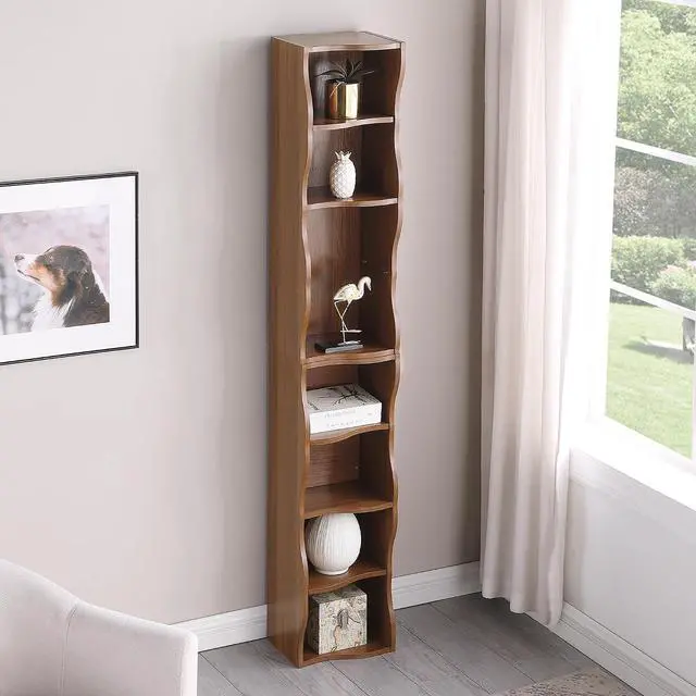 Main image of 8-Tier Bookcase Cube Storage Organizer, Corner Bookshelf DVD Storage Shelves Media Tower Rack, Tall Bookcase With Adjustable Shelves, Wood Open Shelf, Walnut