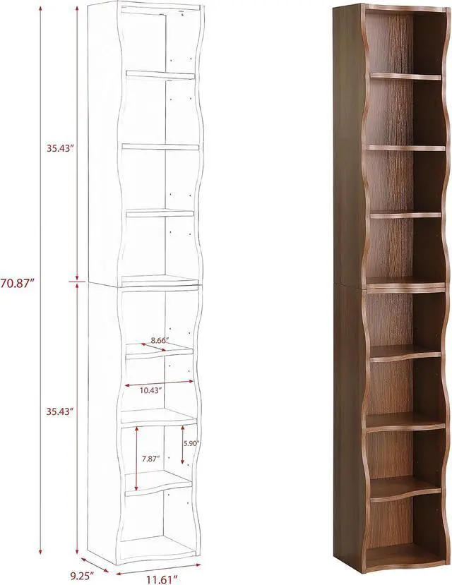 Alt view image 2 of 7 - 8-Tier Bookcase Cube Storage Organizer, Corner Bookshelf DVD Storage Shelves Media Tower Rack, Tall Bookcase With Adjustable Shelves, Wood Open Shelf, Walnut
