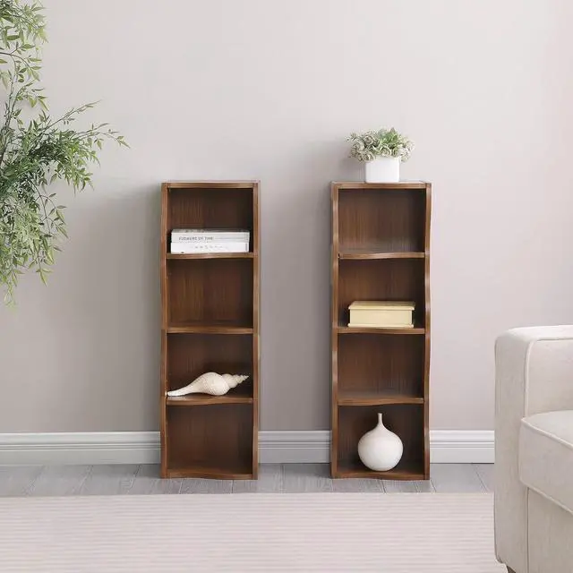 Alt view image 5 of 7 - 8-Tier Bookcase Cube Storage Organizer, Corner Bookshelf DVD Storage Shelves Media Tower Rack, Tall Bookcase With Adjustable Shelves, Wood Open Shelf, Walnut