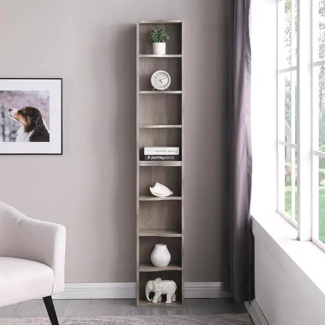 Alt view image 3 of 7 - Bookshelf 8-Tier Bookcase Cube Storage Organizer, Corner Bookshelf DVD Storage Shelves Media Tower Rack, Tall Bookcase with Adjustable Shelves, Wood Bookshelf Open Shelf Bookcase, Natural