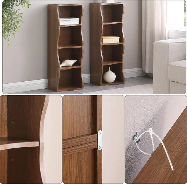 Alt view image 4 of 7 - 8-Tier Bookcase Cube Storage Organizer, Corner Bookshelf DVD Storage Shelves Media Tower Rack, Tall Bookcase With Adjustable Shelves, Wood Open Shelf, Walnut