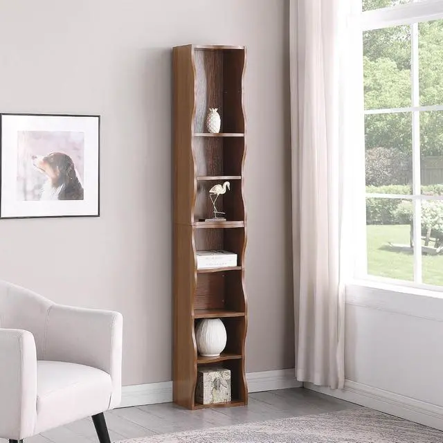 Alt view image 3 of 7 - 8-Tier Bookcase Cube Storage Organizer, Corner Bookshelf DVD Storage Shelves Media Tower Rack, Tall Bookcase With Adjustable Shelves, Wood Open Shelf, Walnut