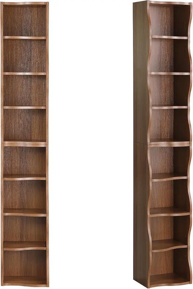 Alt view image 7 of 7 - 8-Tier Bookcase Cube Storage Organizer, Corner Bookshelf DVD Storage Shelves Media Tower Rack, Tall Bookcase With Adjustable Shelves, Wood Open Shelf, Walnut