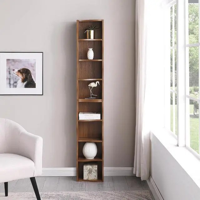 Alt view image 6 of 7 - 8-Tier Bookcase Cube Storage Organizer, Corner Bookshelf DVD Storage Shelves Media Tower Rack, Tall Bookcase With Adjustable Shelves, Wood Open Shelf, Walnut