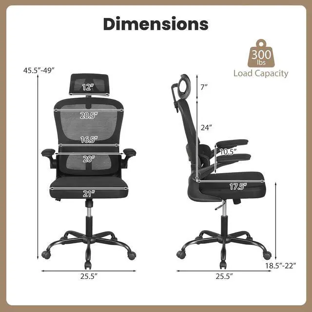 Alt view image 3 of 7 - Ergonomic Mesh Office Chair, High Back Desk Chair w/Rocking Backrest, Lumbar Support, Adjustable Headrest & Flip-up Arms, Rolling Home Office Chair w/Swivel Seat, Comfortable Computer Chair