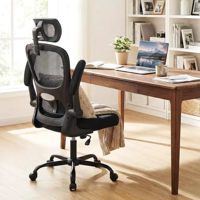 Alt view image 2 of 7 - Ergonomic Mesh Office Chair, High Back Desk Chair w/Rocking Backrest, Lumbar Support, Adjustable Headrest & Flip-up Arms, Rolling Home Office Chair w/Swivel Seat, Comfortable Computer Chair